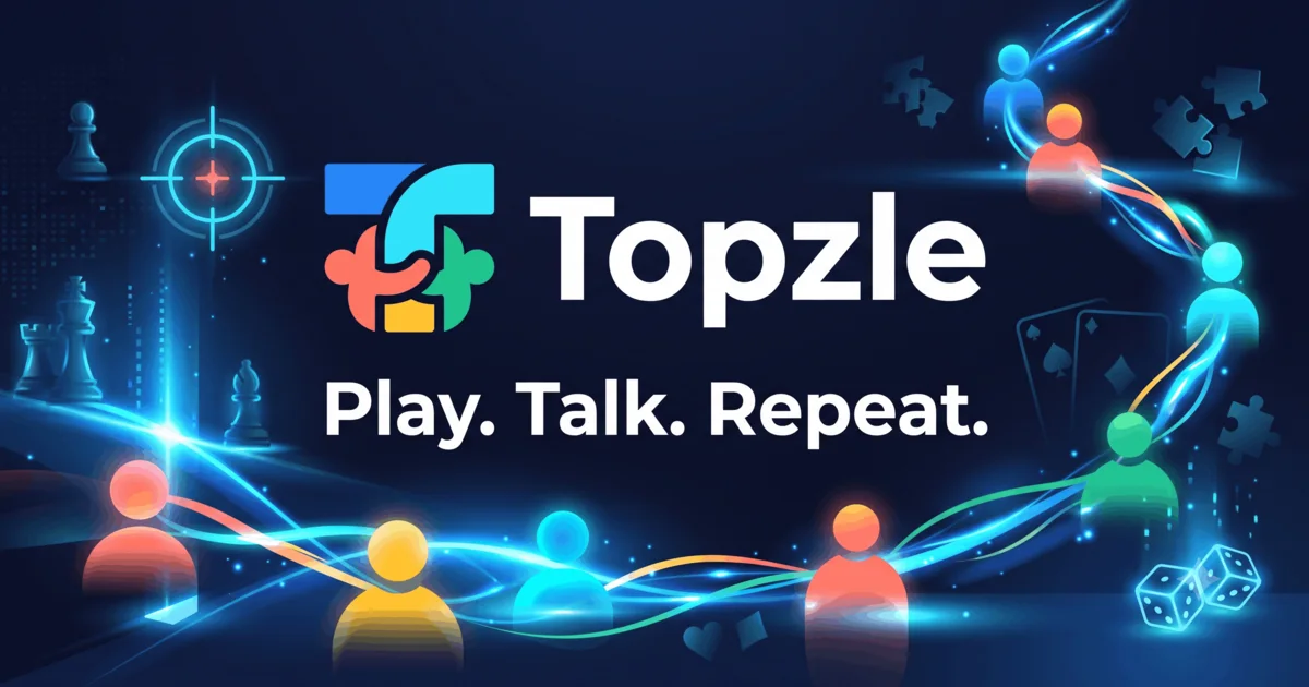 Topzle logo with players connected across games and the words Play. Talk. Repeat.
