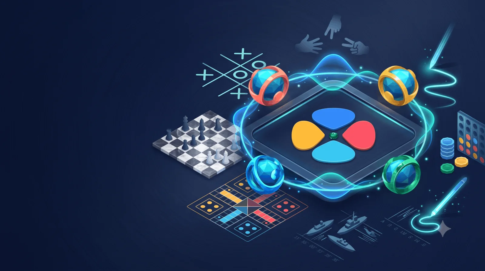 Topzle game table surrounded by chess, Ludo, drawing, and social play elements